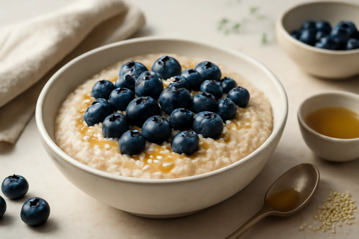 Bol de desayuno de salvado de avena con arándanos y sésamo