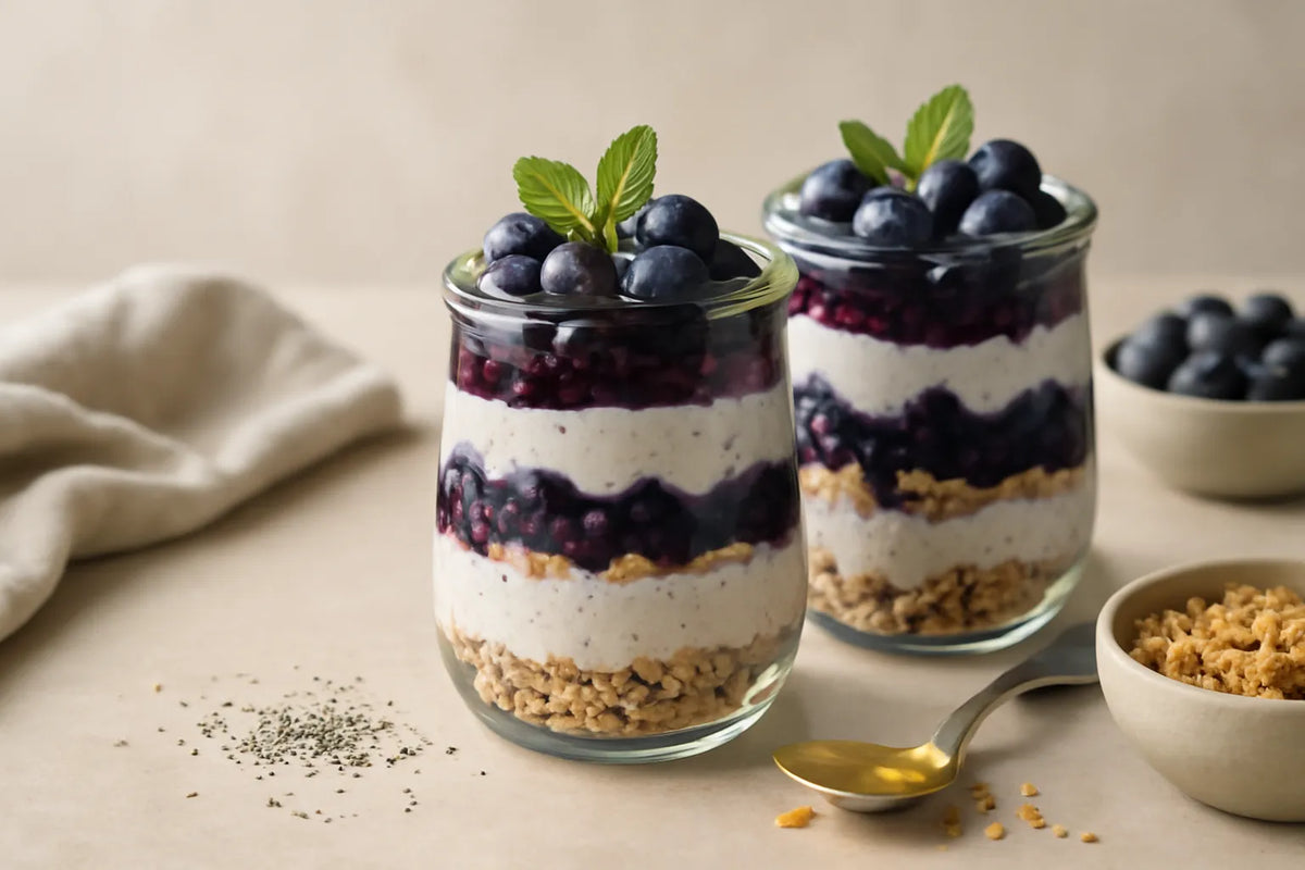 Parfait di yogurt e mirtilli in barattolo con fibre amiche dell'intestino