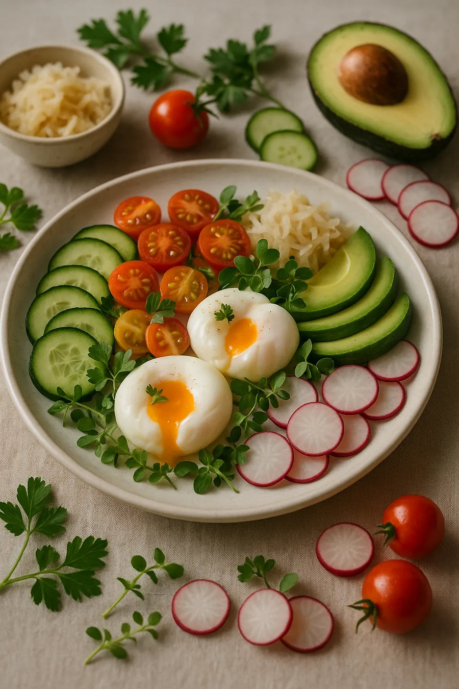Salade de petit déjeuner avec œuf, tomate et concombre