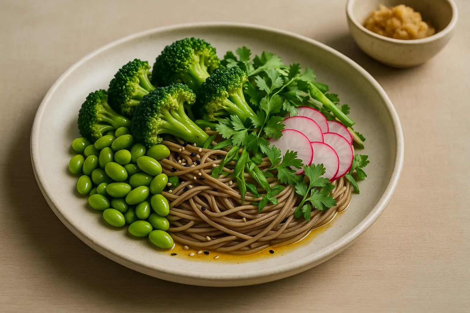 Tazón de soba con brócoli y edamame