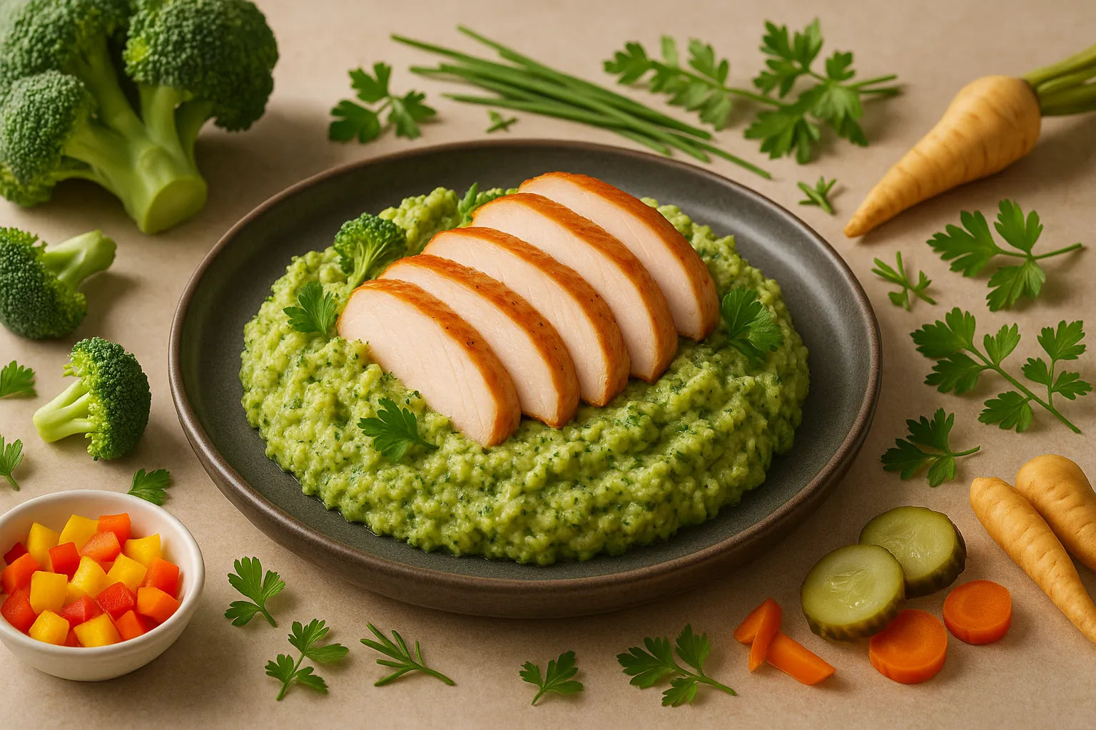 Broccoli mash with smoked chicken