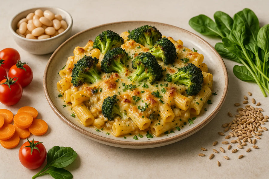 Pasta al forno con broccoli e fagioli bianchi