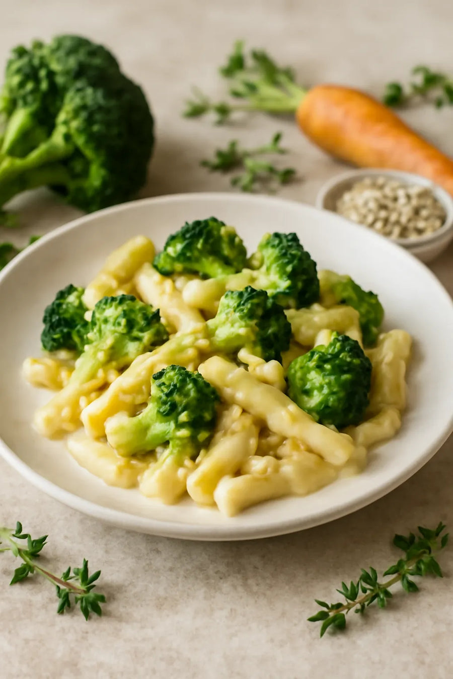 Broccoli with light cheese sauce and pasta