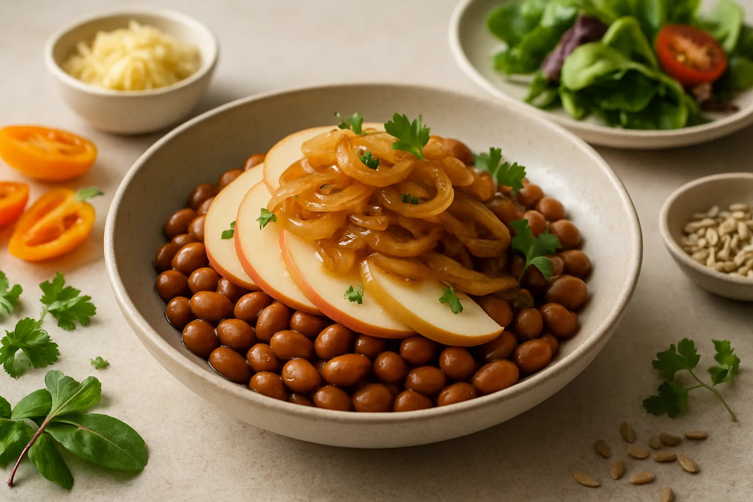 Brown beans with apple and onion