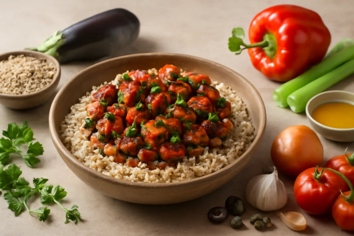 Bowl di riso integrale con caponata