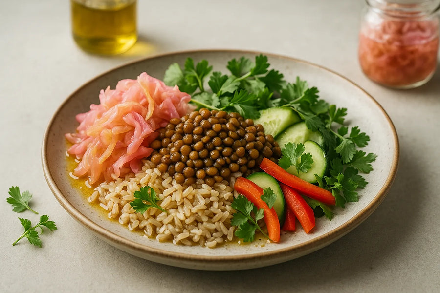 Brown Rice Bowl with Lentils and Pickled Cabbage