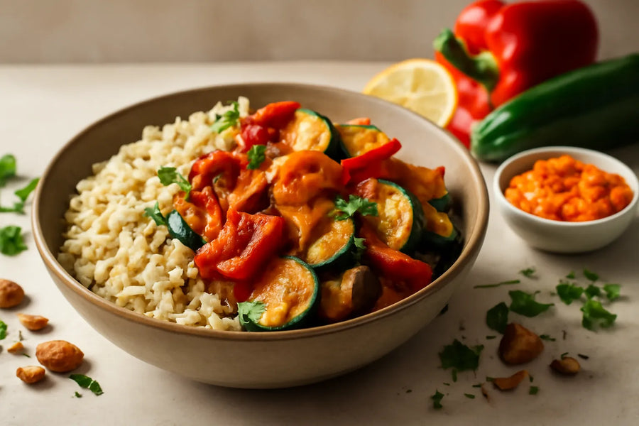 Bol de riz brun avec légumes à la romesco
