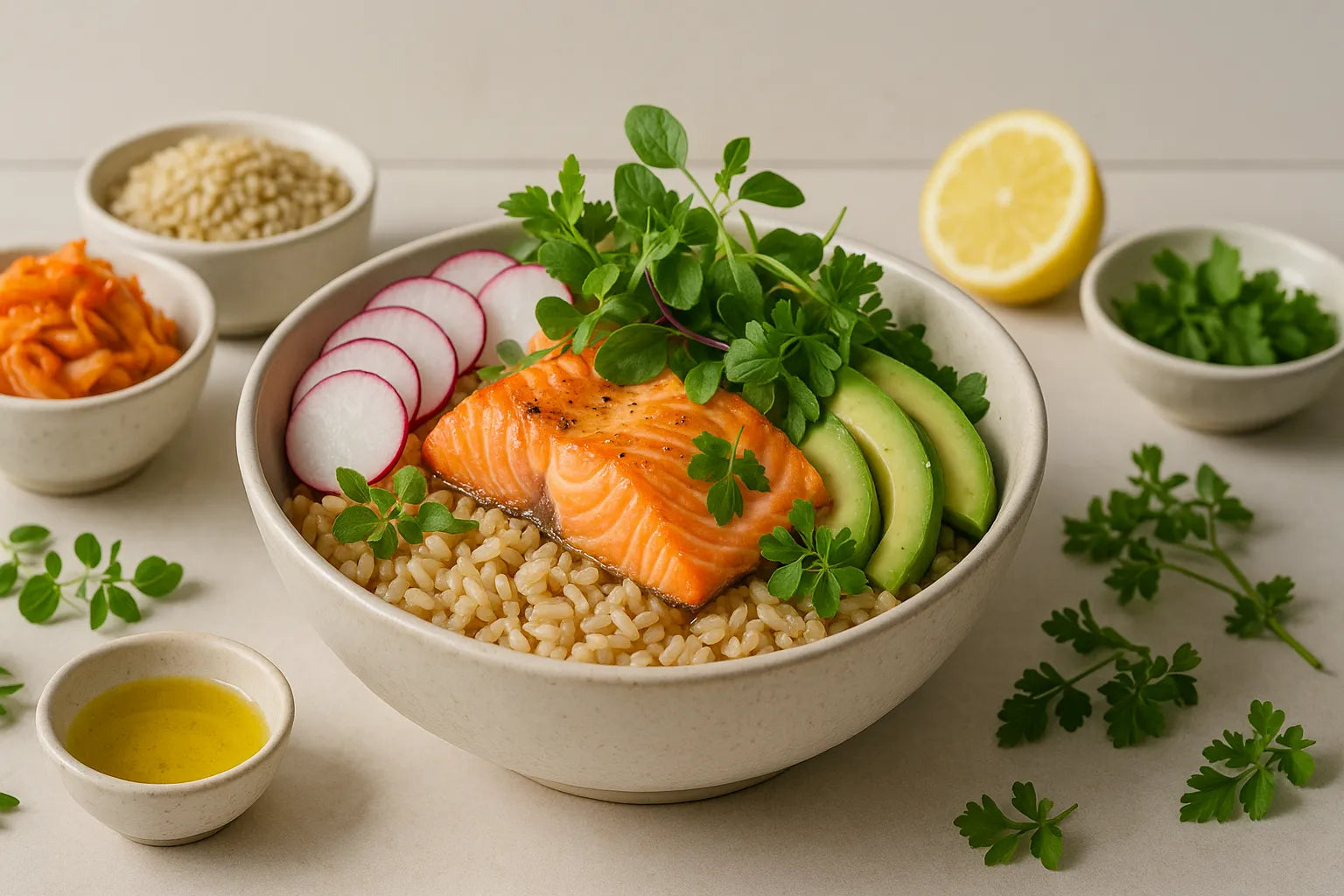 Brown rice bowl with salmon