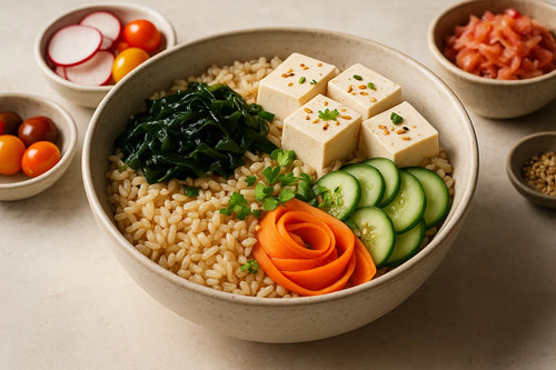 Tazón de arroz integral con wakame y tofu
