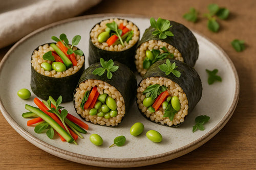 Rollos de nori rellenos de arroz integral y edamame