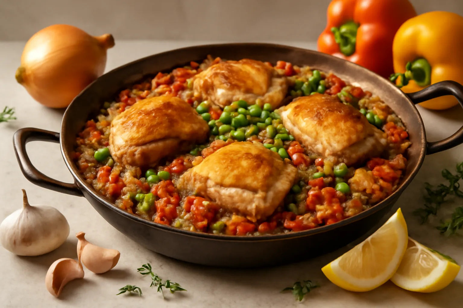 Brown rice paella with chicken