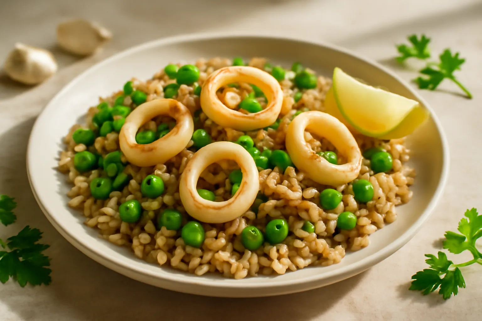 Brown rice with squid and peas