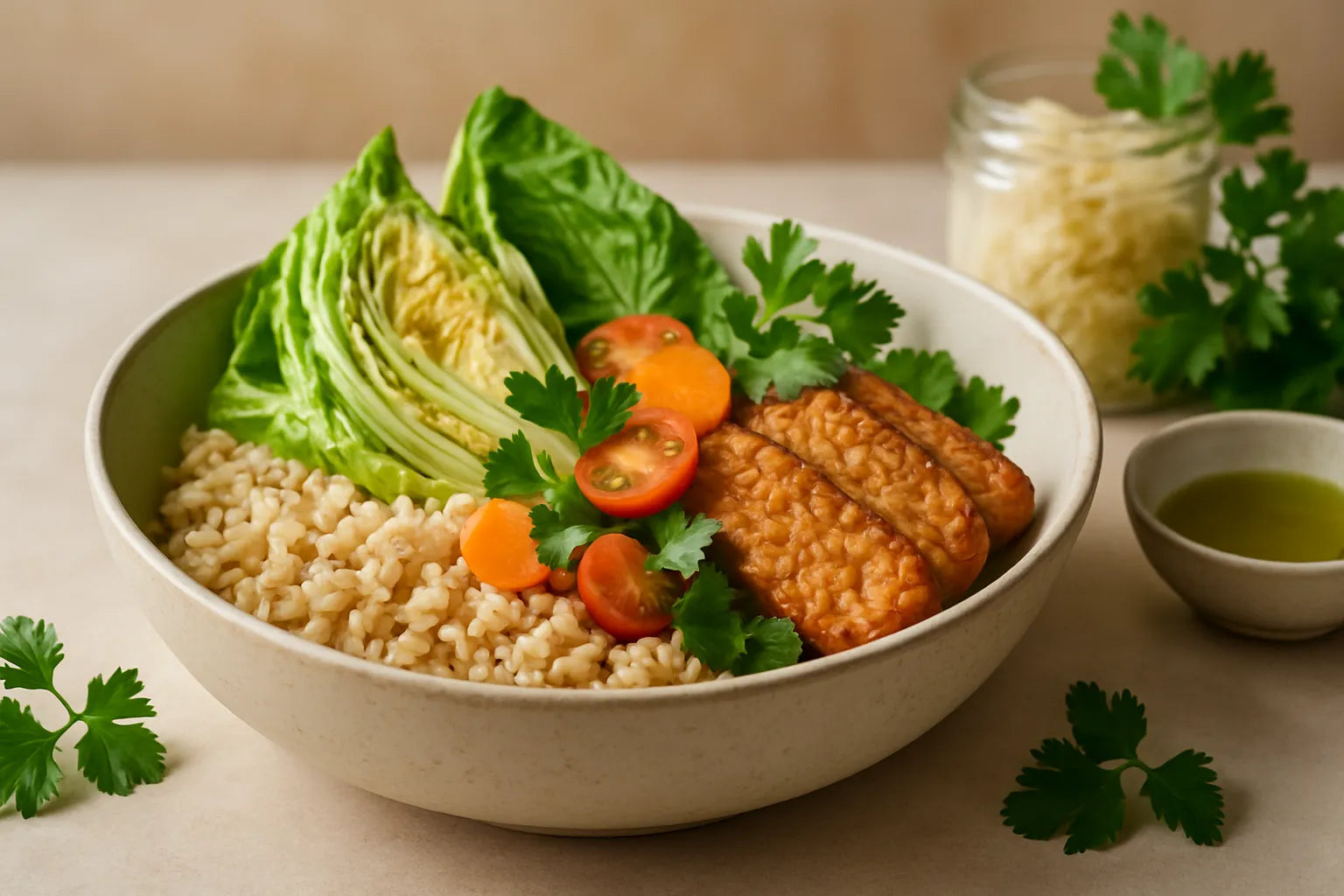 Brown rice with tempeh and pointed cabbage