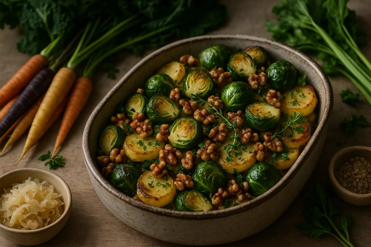 Brussels sprout potato casserole with walnuts