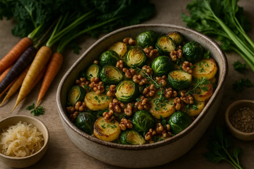Brussels sprout potato casserole with walnuts