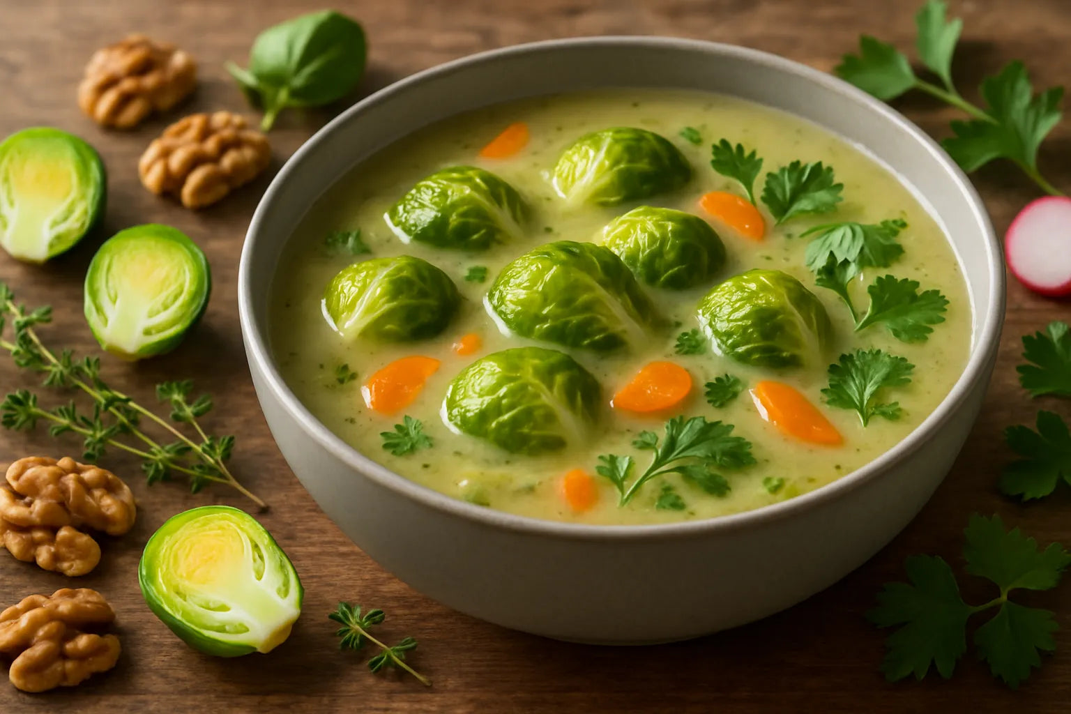 Brussels sprout soup with walnuts