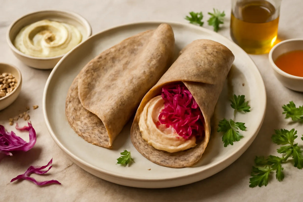 Crêpe de sarrasin au houmous et au chou mariné