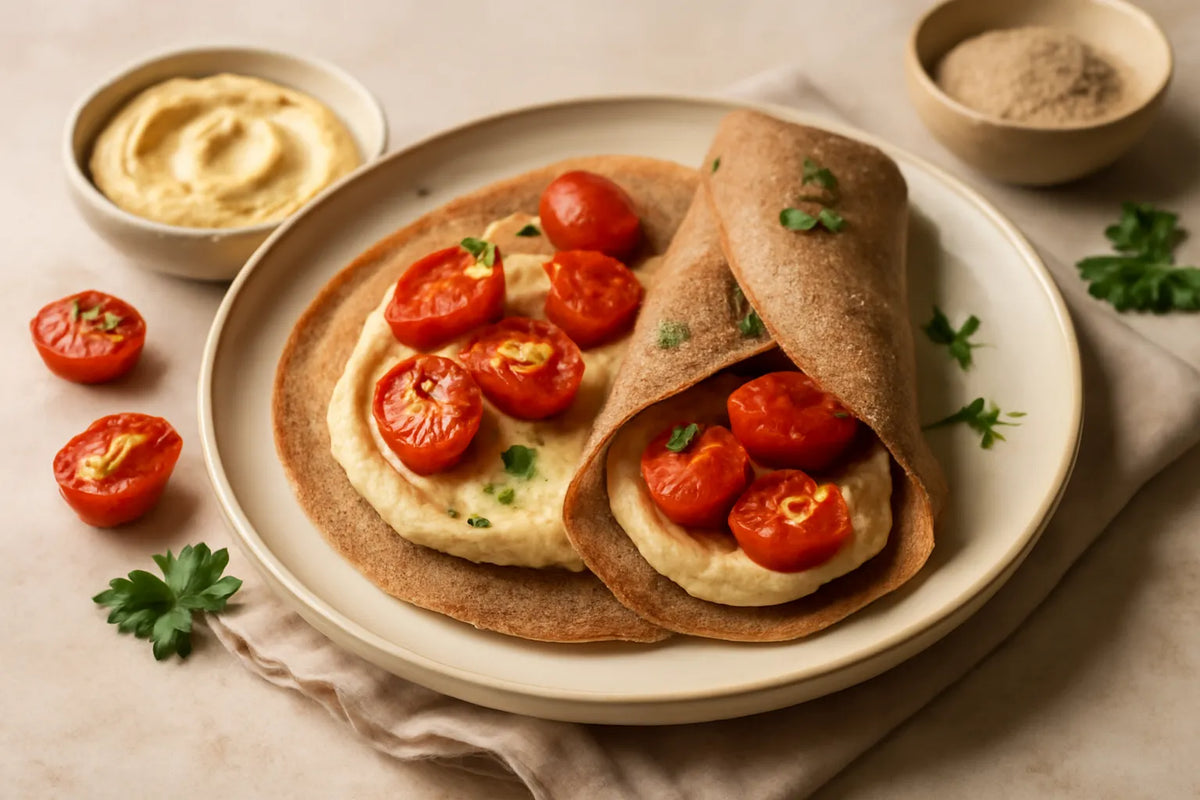 Crêpe de sarrasin au houmous et aux tomates rôties