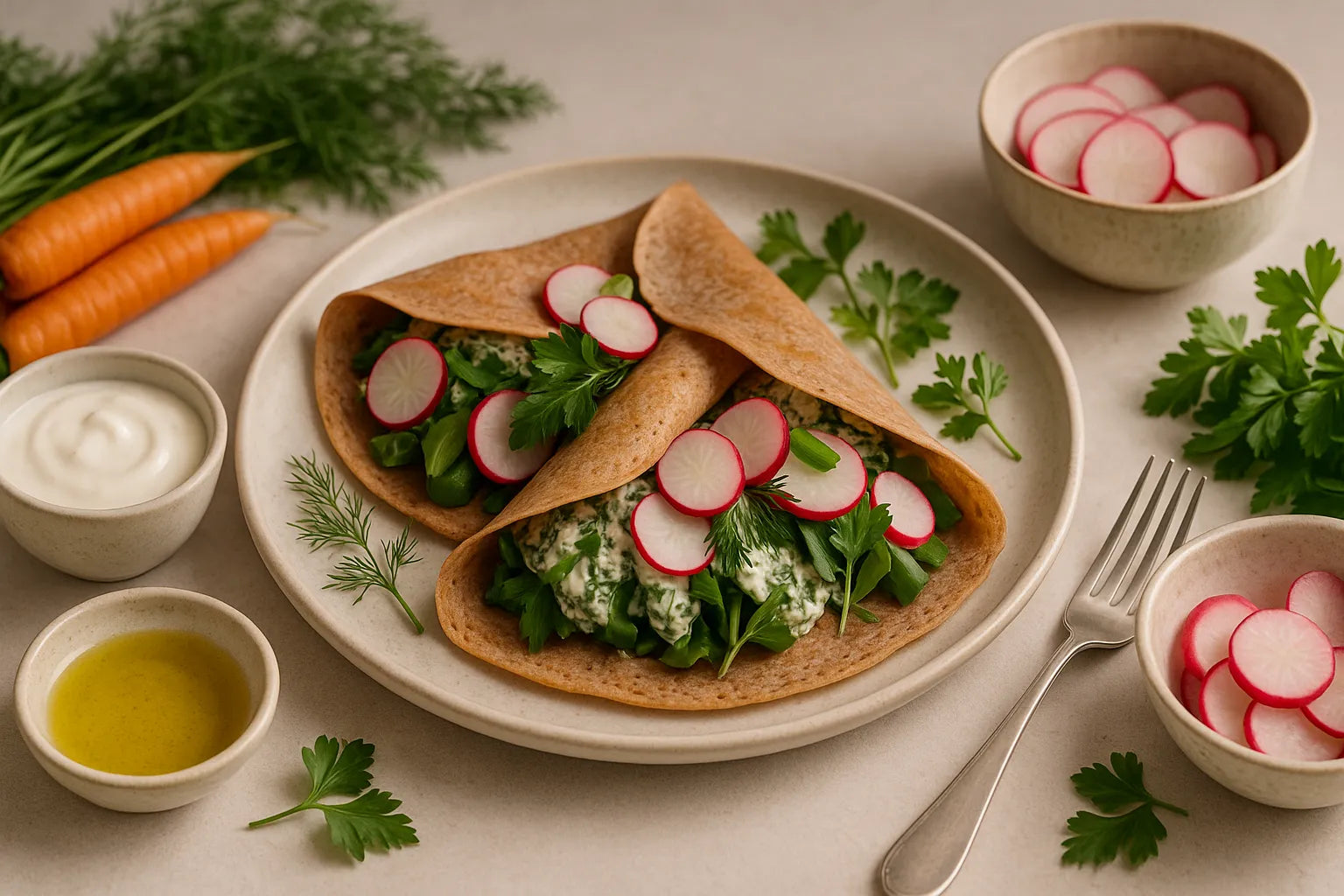 Buckwheat Crepes with Kefir Herb Filling