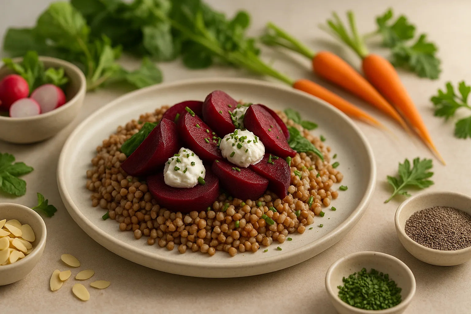 Buckwheat with beetroot and goat cheese