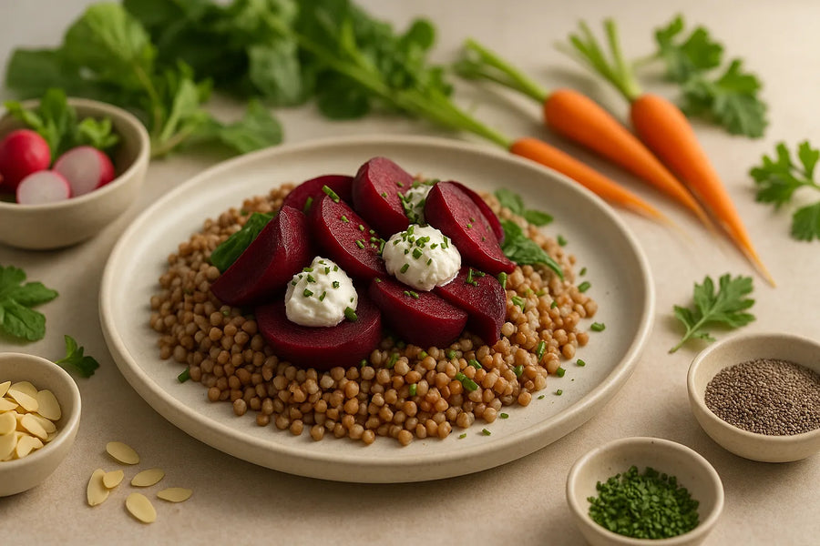 Buckwheat with beetroot and goat cheese