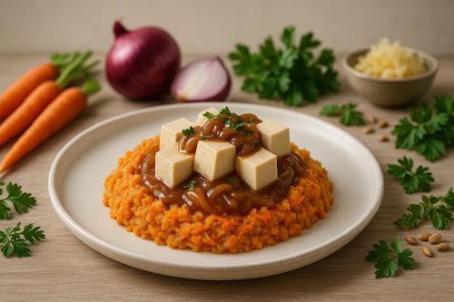 Carrot and onion mash with tofu and onion gravy