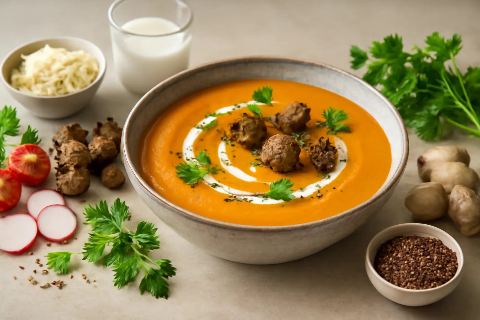 Carrot ginger soup with rye croutons