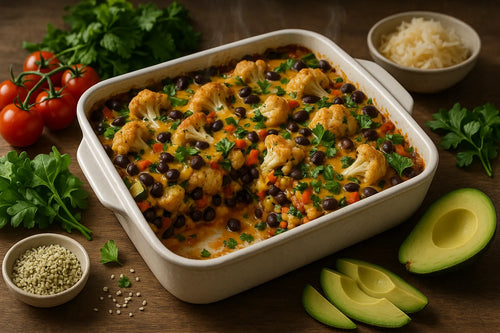Horno de coliflor con frijoles negros al estilo taco