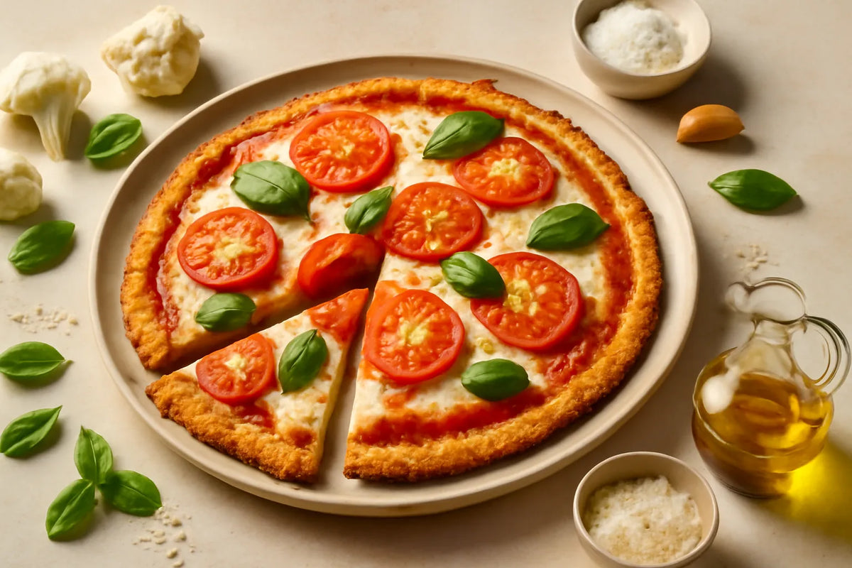 Pizza à la pâte de chou-fleur, tomate et basilic