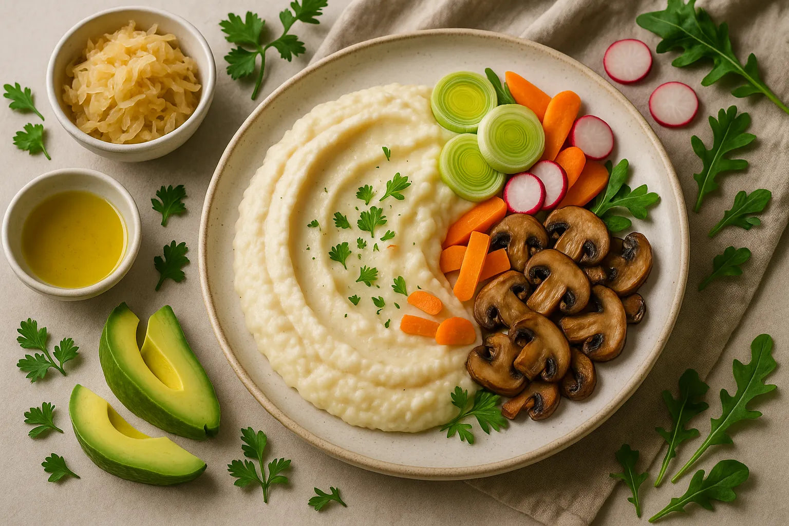 Cauliflower mash with leek and mushrooms