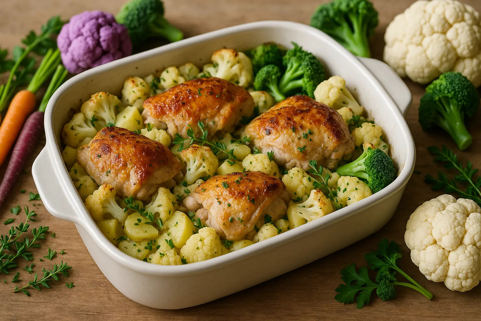 Cauliflower, potato and chicken casserole