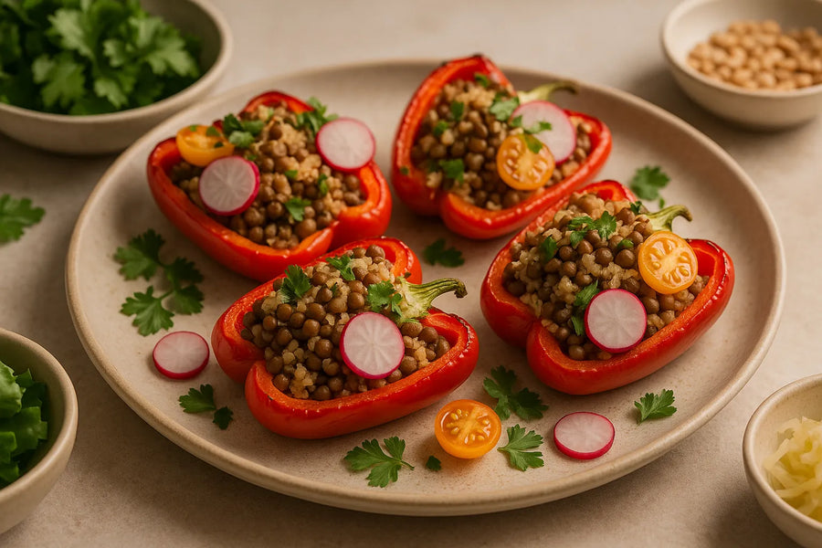 Cauliflower Rice Lentil Stuffed Peppers