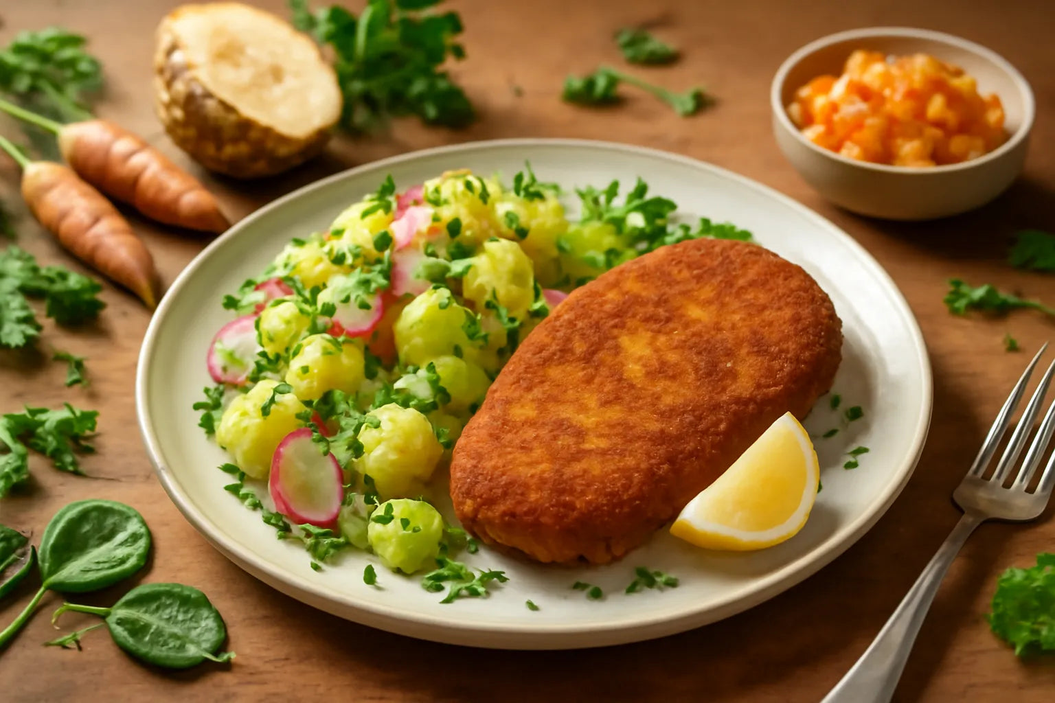 Celeriac schnitzel with potato salad