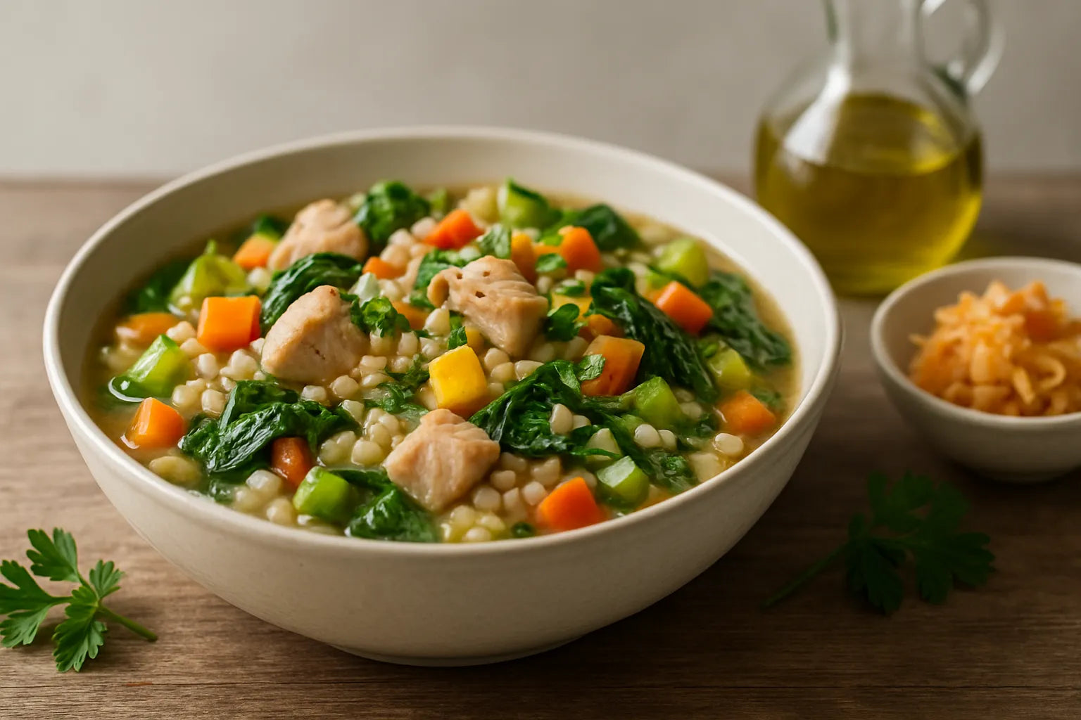 Estofado de pollo con cebada y verduras