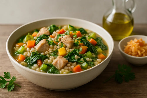 Estofado de pollo con cebada y verduras