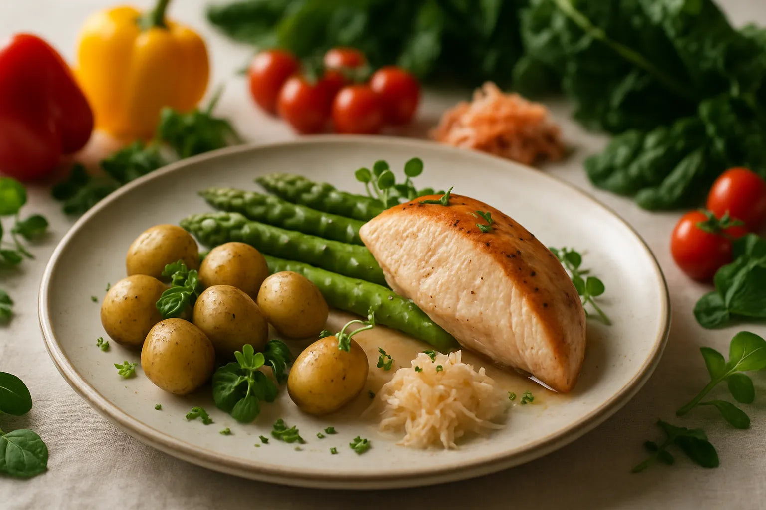 Chicken breast with asparagus and baby potatoes