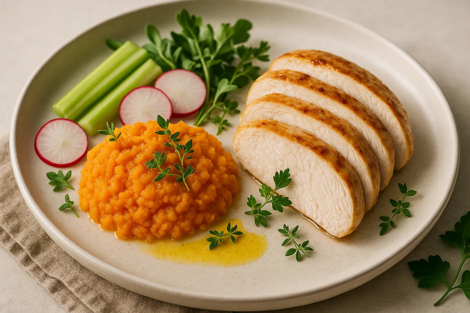 Chicken breast with carrot and onion mash vegetables