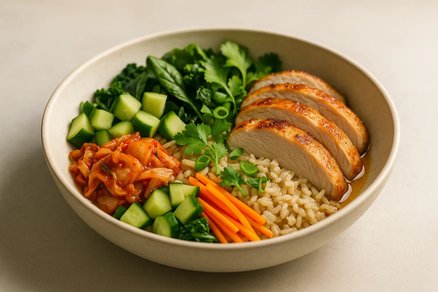 Pollo con arroz integral y kimchi