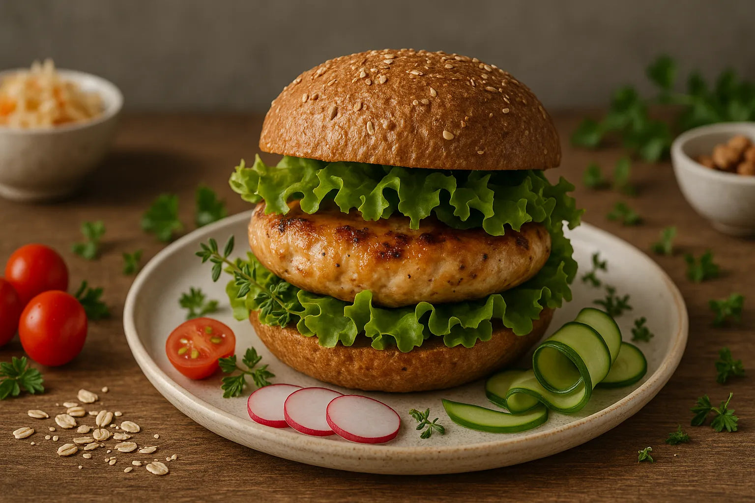 Chicken burger with whole-grain bun and lettuce