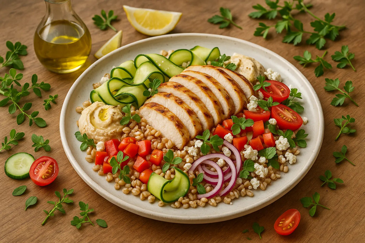 Salada Grega de Frango com Farro
