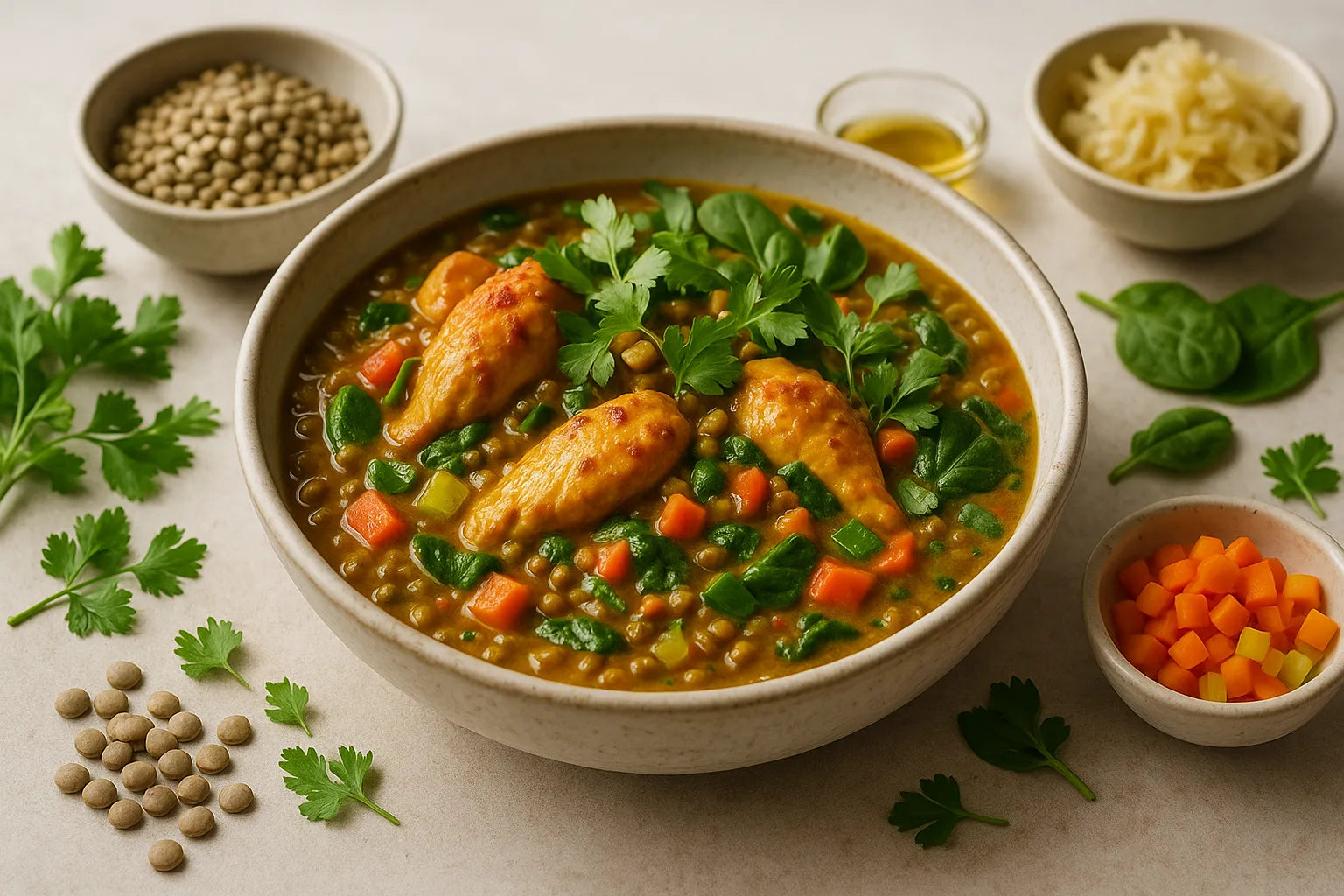 Pollo al curry de lentejas
