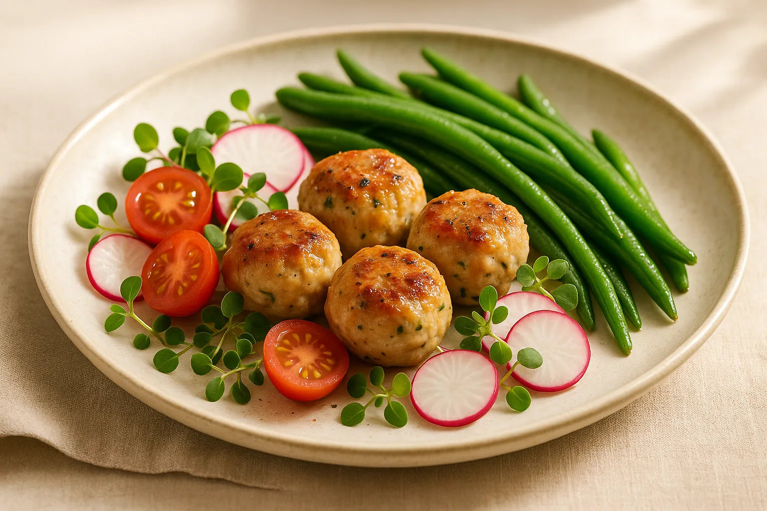 Chicken meatballs with green beans
