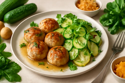 Chicken meatballs with potato cucumber salad