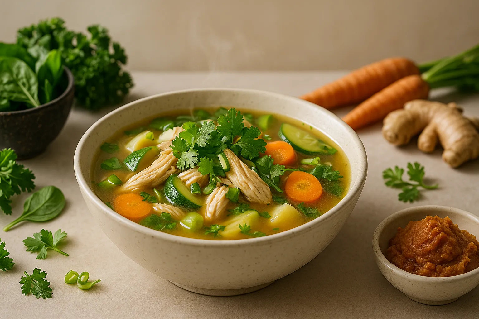 Sopa de pollo al miso con verduras