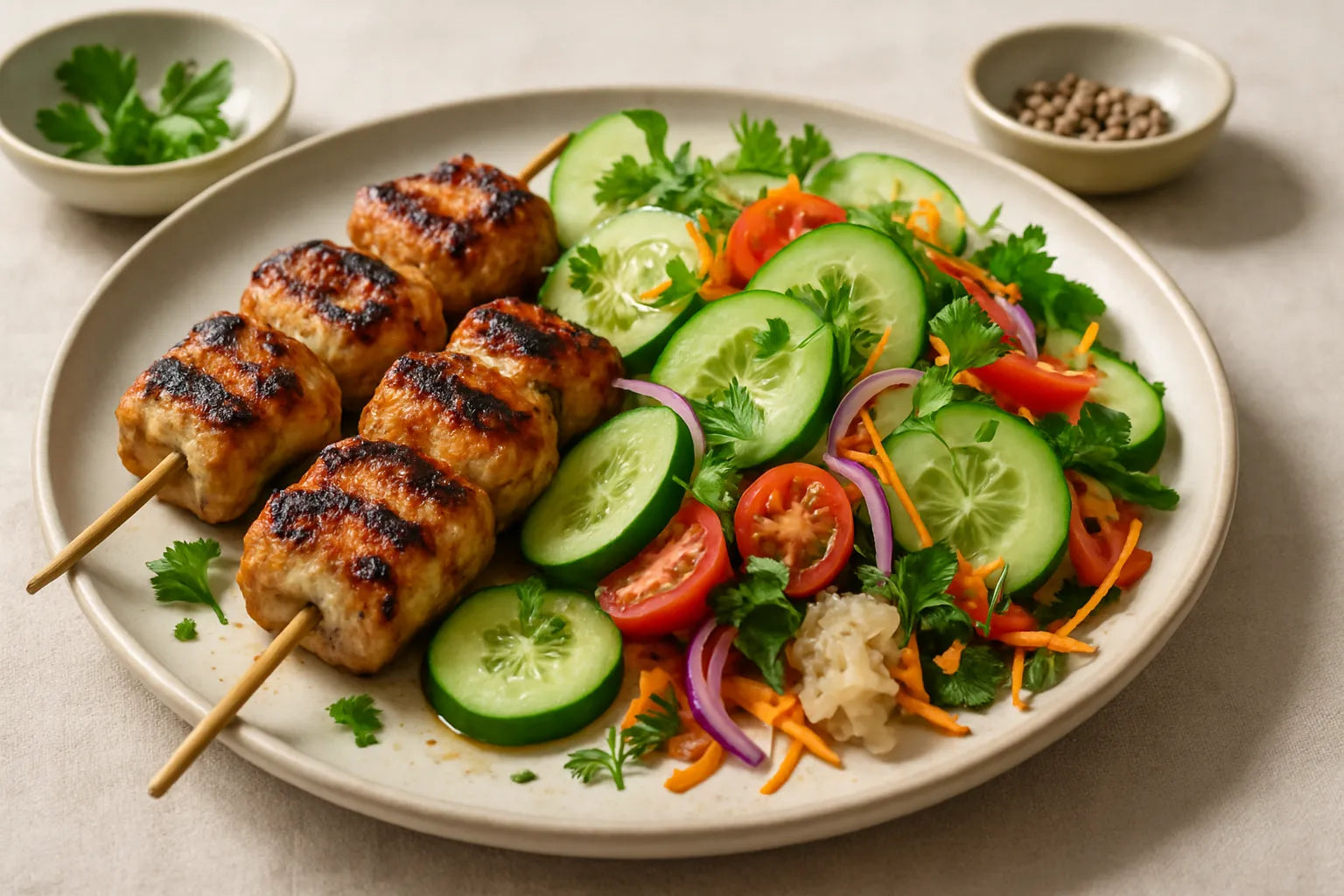 Chicken skewers with cucumber salad