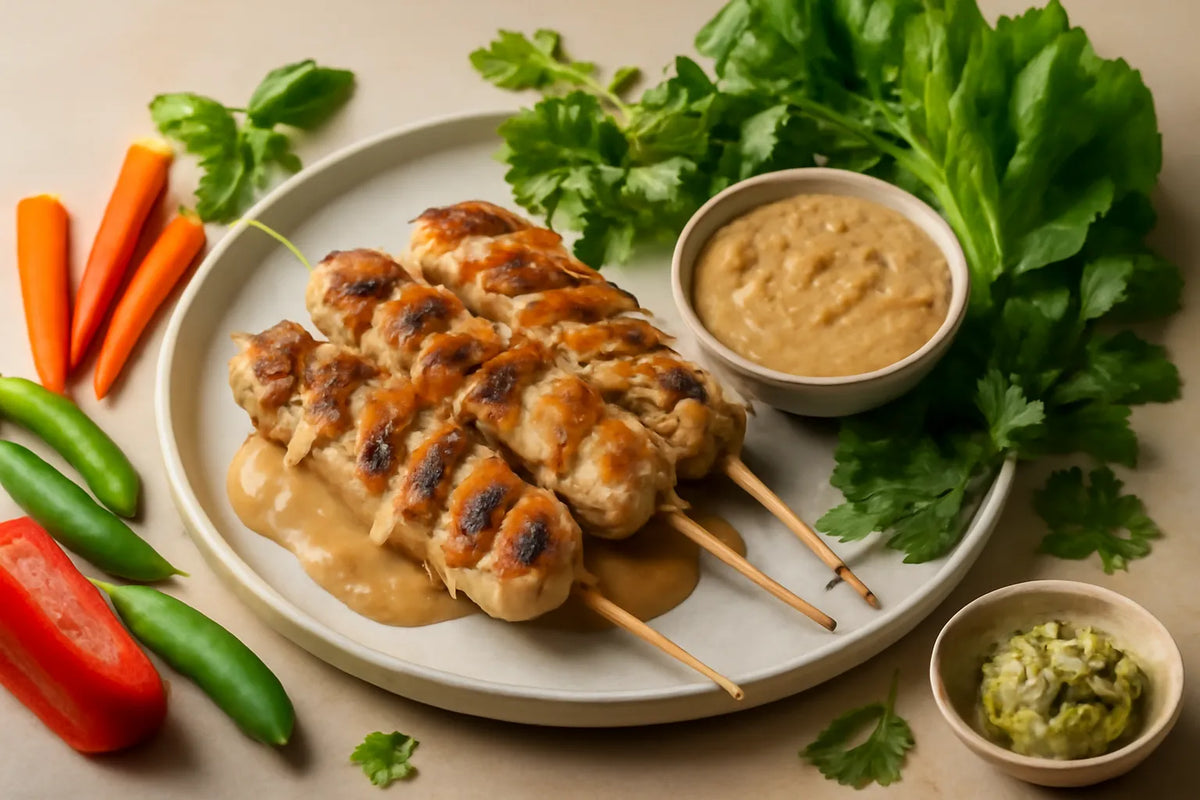 Chicken skewers with light peanut sauce