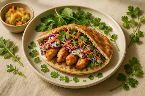 Pita de masa madre con pollo y ensalada de yogur