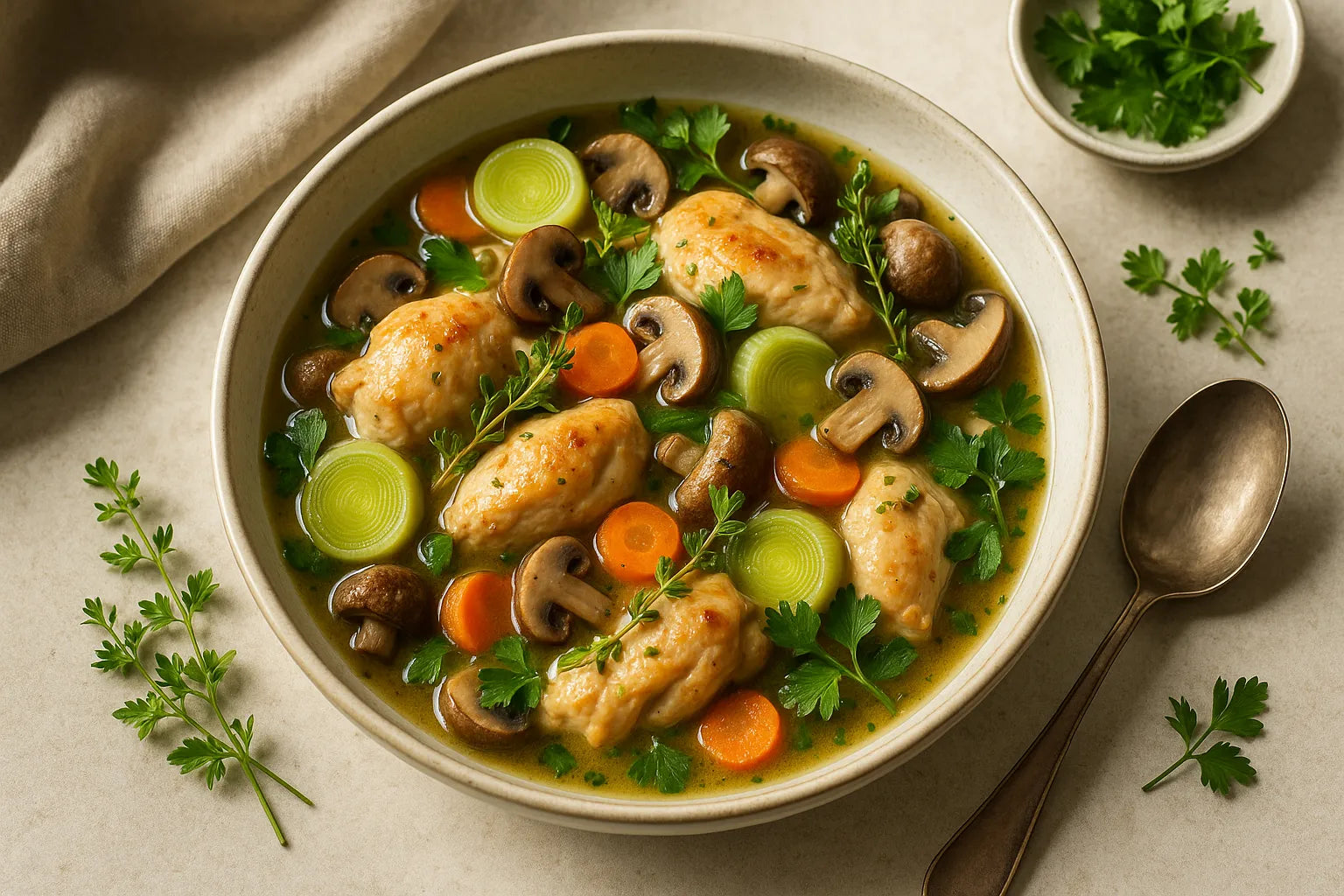 Chicken stew with leek and mushrooms