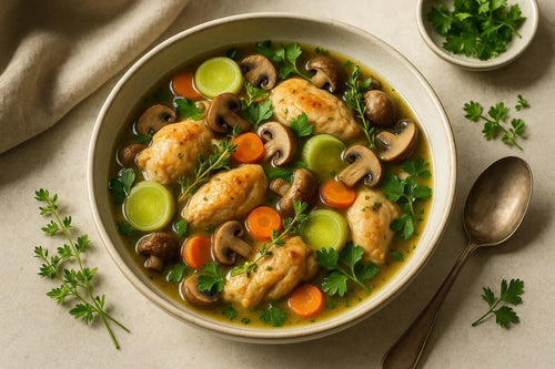 Chicken stew with leek and mushrooms
