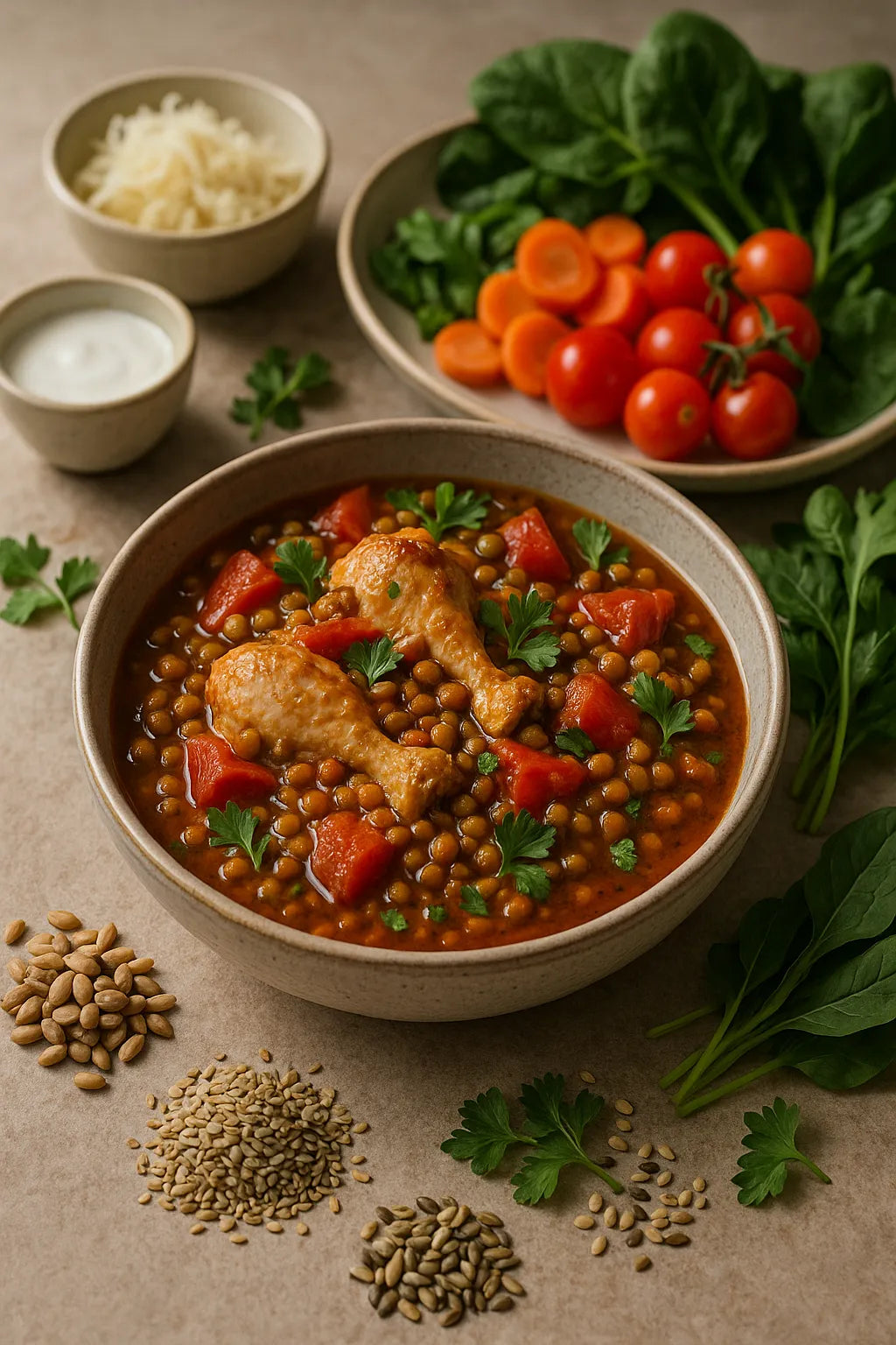 Chicken stew with lentils and tomato